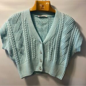Sz L: Zara Blue/teal Cable Knit Cardigan V-Neck crop top jewel buttons